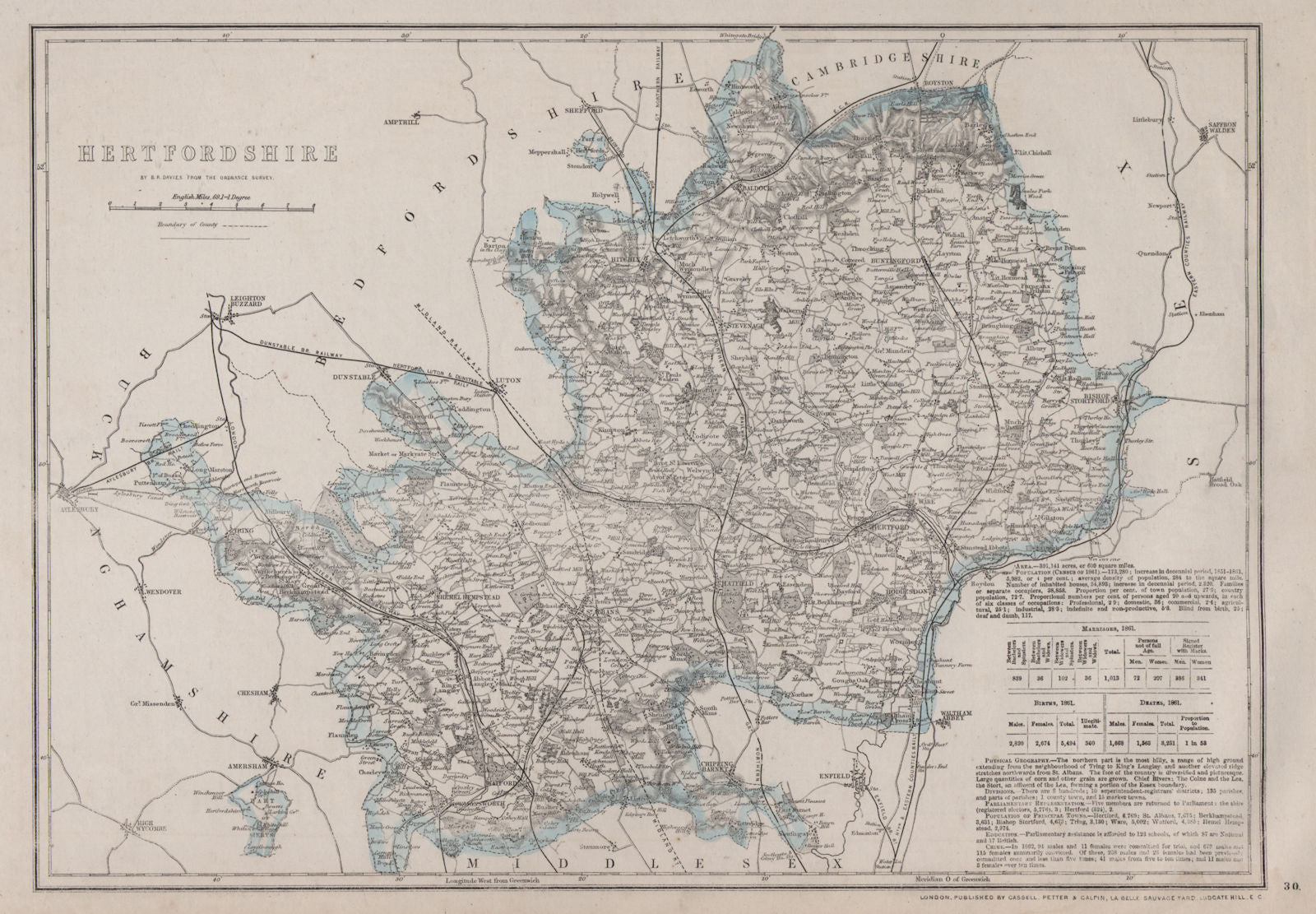HERTFORDSHIRE antique county map. Shows 2 exclaves. Railways.BR DAVIES 1868